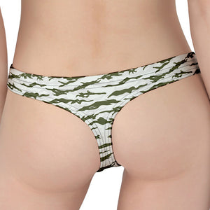 Green And White Tiger Stripe Camo Print Women's Thong