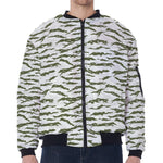 Green And White Tiger Stripe Camo Print Zip Sleeve Bomber Jacket