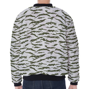 Green And White Tiger Stripe Camo Print Zip Sleeve Bomber Jacket