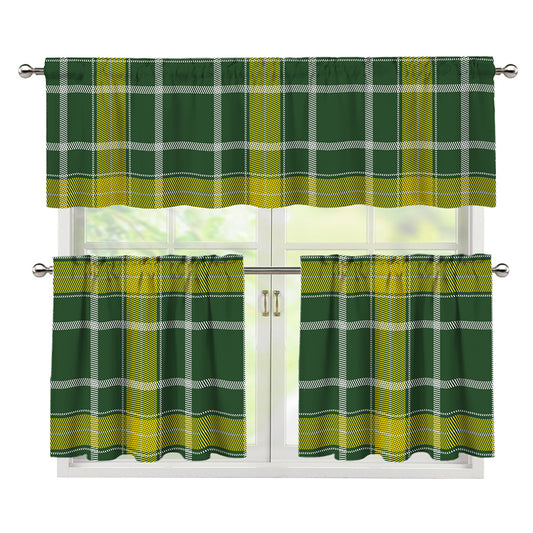Green And Yellow Stewart Tartan Print 3 Piece Kitchen Curtains