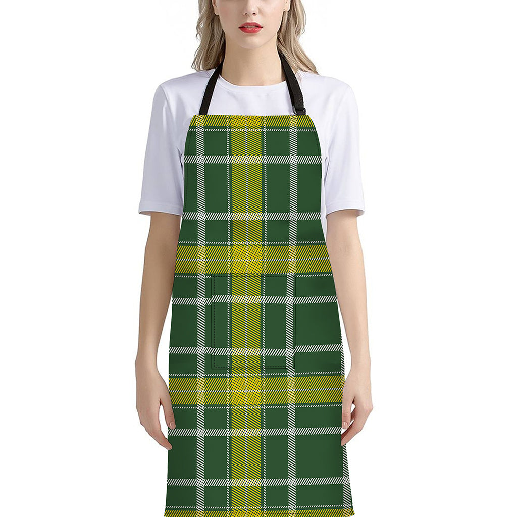 Green And Yellow Stewart Tartan Print Bib Apron With Pocket