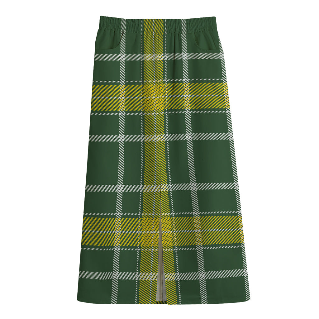 Green And Yellow Stewart Tartan Print Cotton Front Slit Maxi Skirt
