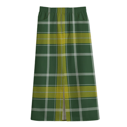 Green And Yellow Stewart Tartan Print Cotton Front Slit Maxi Skirt