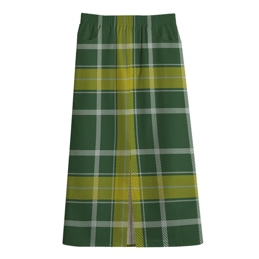 Green And Yellow Stewart Tartan Print Cotton Front Slit Maxi Skirt