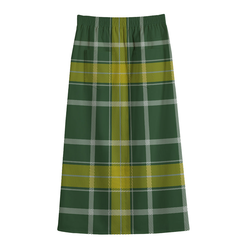 Green And Yellow Stewart Tartan Print Cotton Front Slit Maxi Skirt