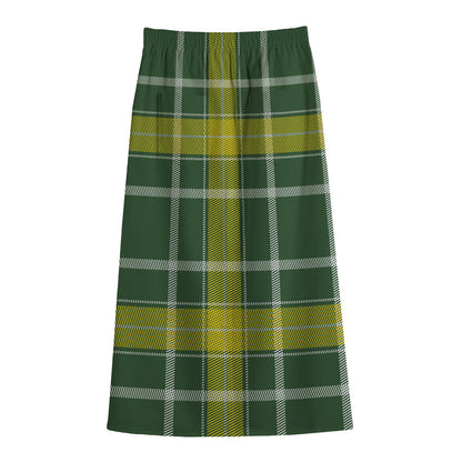 Green And Yellow Stewart Tartan Print Cotton Front Slit Maxi Skirt