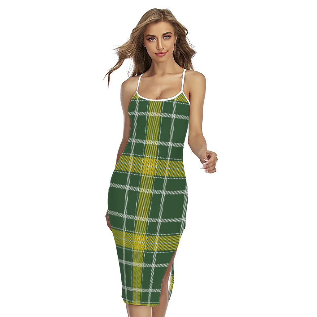Green And Yellow Stewart Tartan Print Cross Back Cami Dress