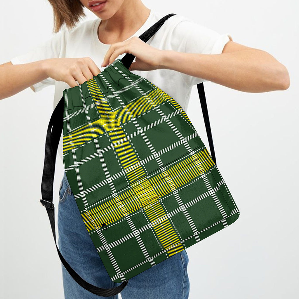 Green And Yellow Stewart Tartan Print Drawstring Backpack