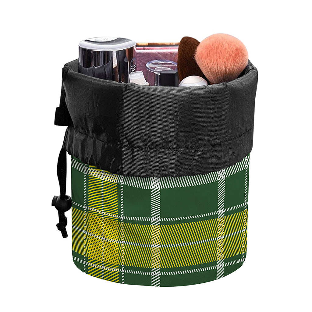Green And Yellow Stewart Tartan Print Drawstring Makeup Bag