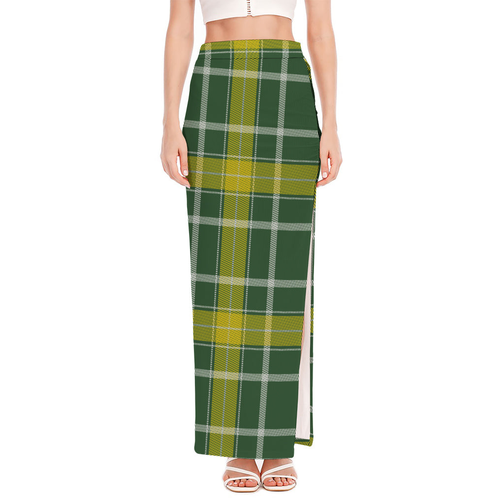 Green And Yellow Stewart Tartan Print High Slit Maxi Skirt