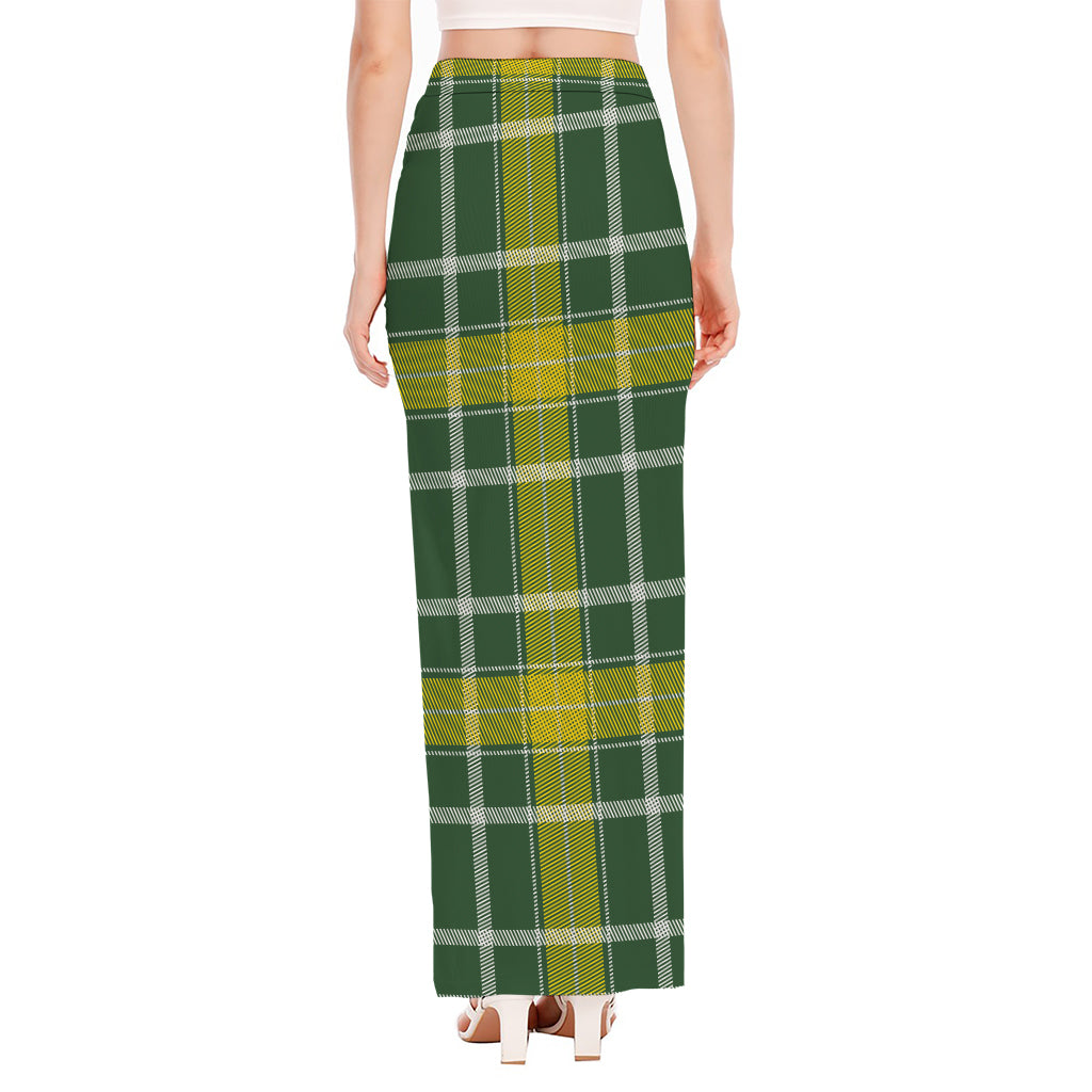 Green And Yellow Stewart Tartan Print High Slit Maxi Skirt