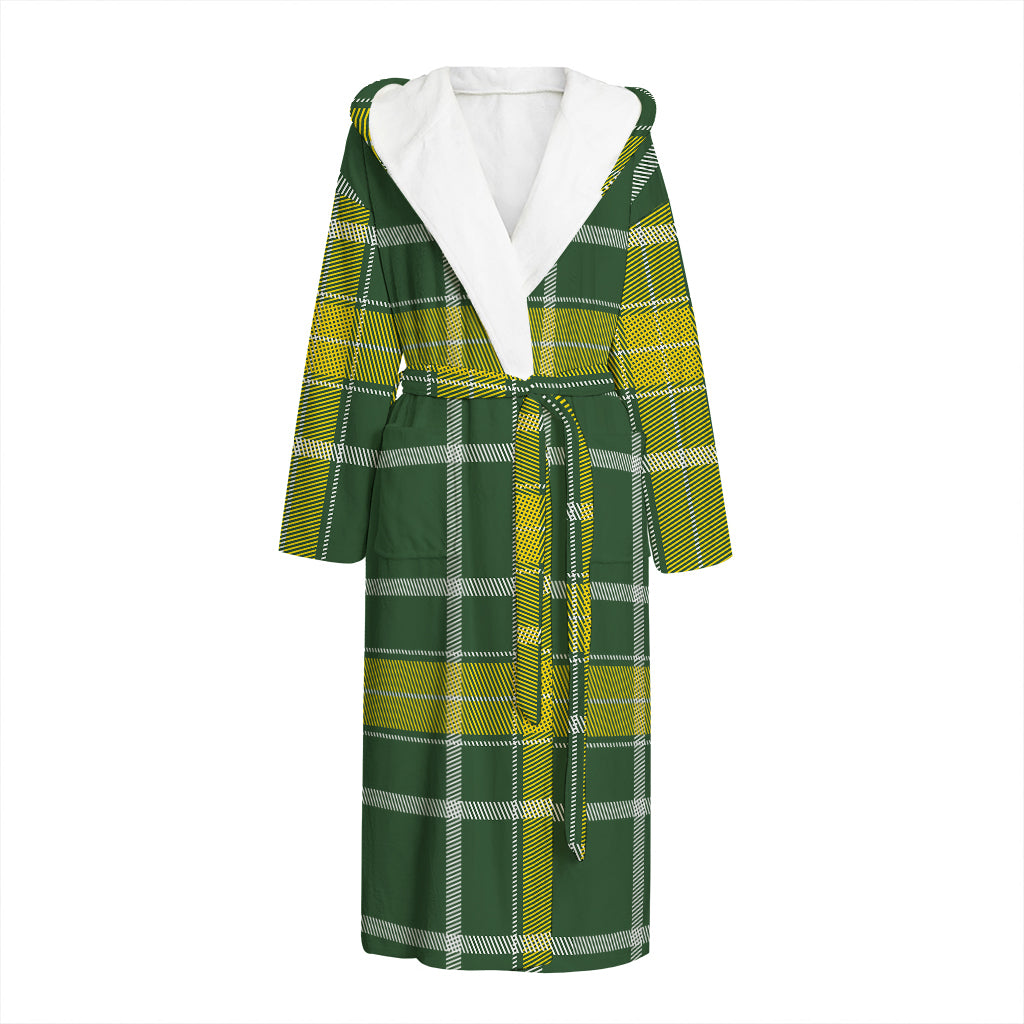 Green And Yellow Stewart Tartan Print Hooded Bathrobe