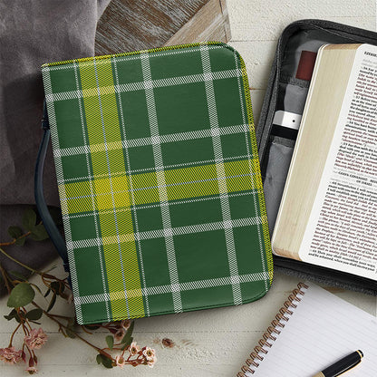 Green And Yellow Stewart Tartan Print Leather Bible Cover