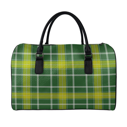 Green And Yellow Stewart Tartan Print Leather Duffle Bag