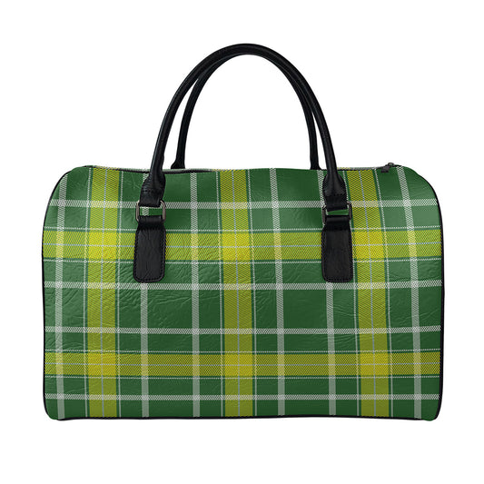 Green And Yellow Stewart Tartan Print Leather Duffle Bag