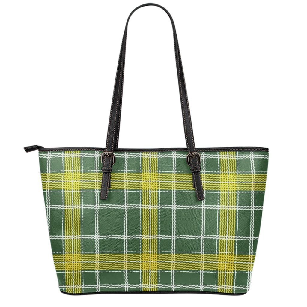 Green And Yellow Stewart Tartan Print Leather Tote Bag