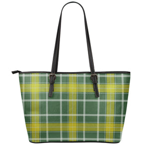 Green And Yellow Stewart Tartan Print Leather Tote Bag