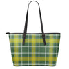 Green And Yellow Stewart Tartan Print Leather Tote Bag