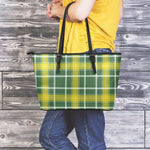 Green And Yellow Stewart Tartan Print Leather Tote Bag