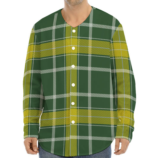 Green And Yellow Stewart Tartan Print Long Sleeve Baseball Jersey