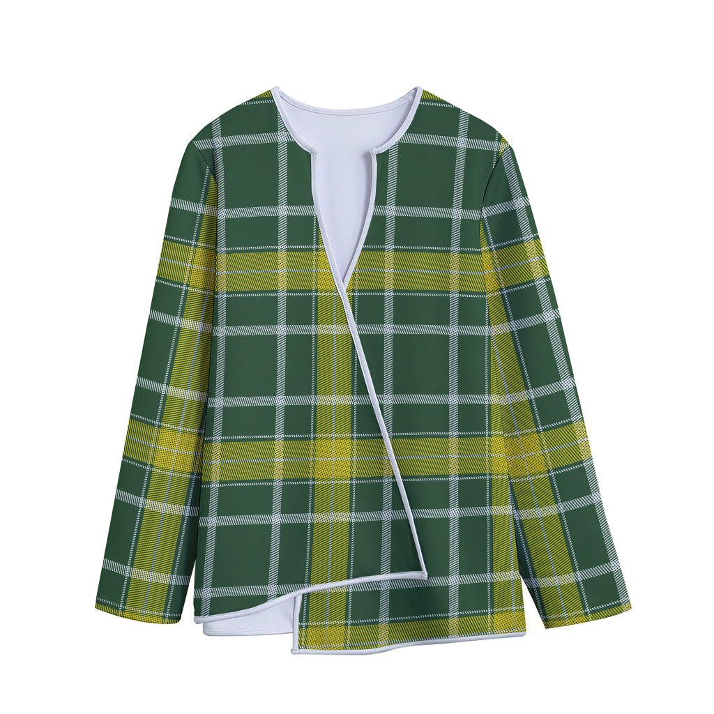 Green And Yellow Stewart Tartan Print Long Sleeve Short Coat