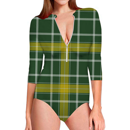 Green And Yellow Stewart Tartan Print Long Sleeve Swimsuit