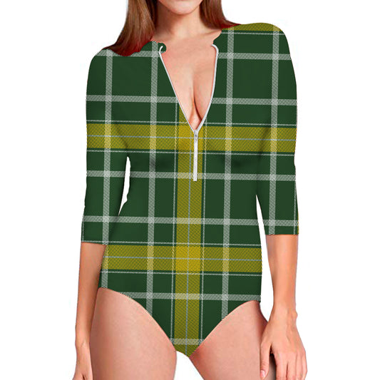 Green And Yellow Stewart Tartan Print Long Sleeve Swimsuit