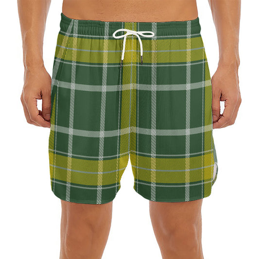 Green And Yellow Stewart Tartan Print Men's Split Running Shorts