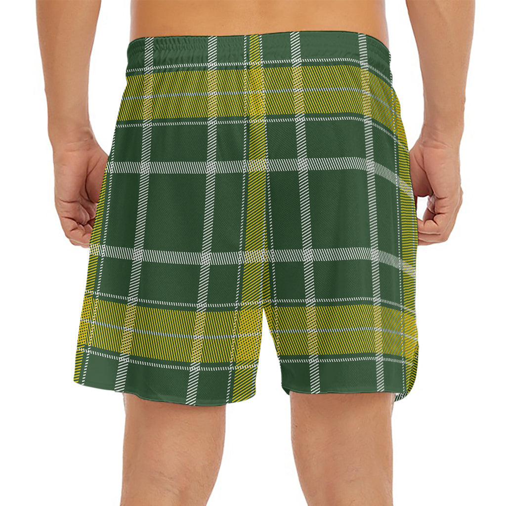 Green And Yellow Stewart Tartan Print Men's Split Running Shorts