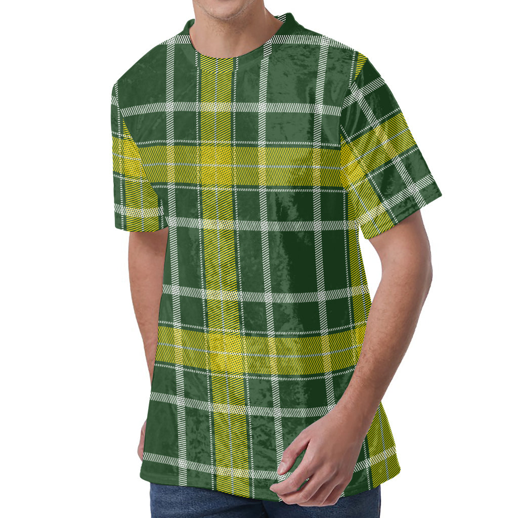 Green And Yellow Stewart Tartan Print Men's Velvet T-Shirt