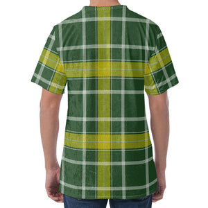 Green And Yellow Stewart Tartan Print Men's Velvet T-Shirt