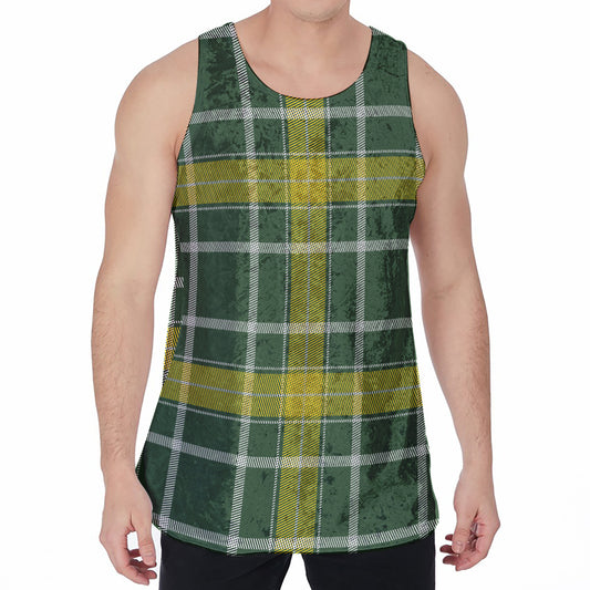 Green And Yellow Stewart Tartan Print Men's Velvet Tank Top