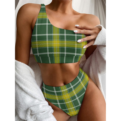 Green And Yellow Stewart Tartan Print One Shoulder Bikini Top