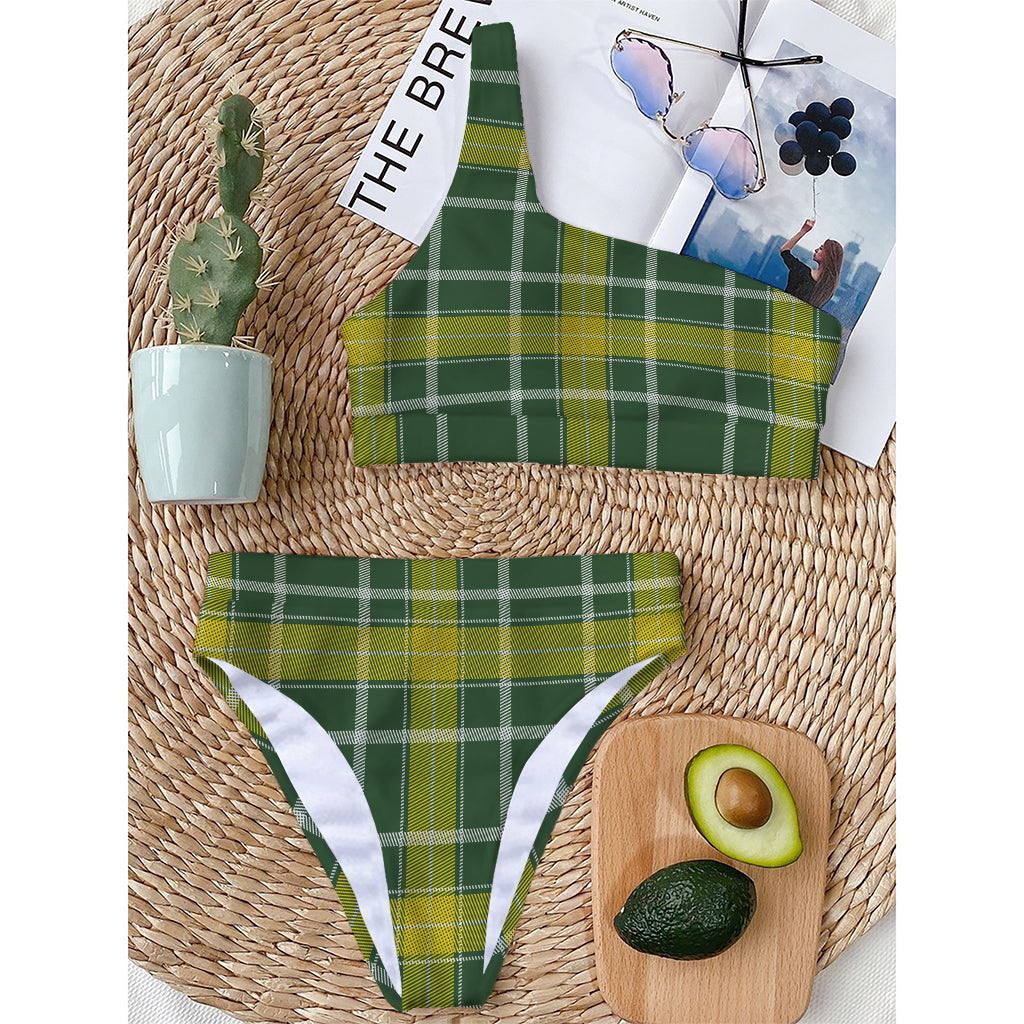 Green And Yellow Stewart Tartan Print One Shoulder Bikini Top
