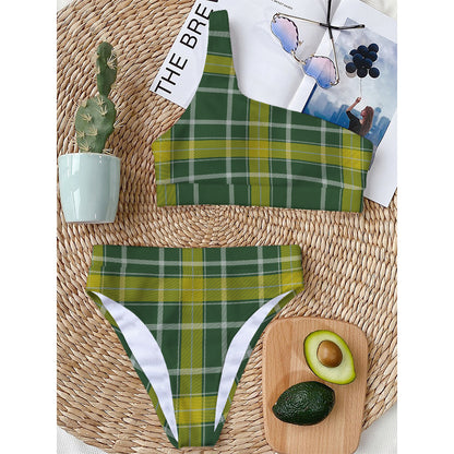 Green And Yellow Stewart Tartan Print One Shoulder Bikini Top