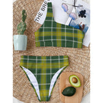 Green And Yellow Stewart Tartan Print One Shoulder Bikini Top
