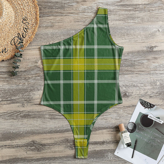 Green And Yellow Stewart Tartan Print One Shoulder Bodysuit