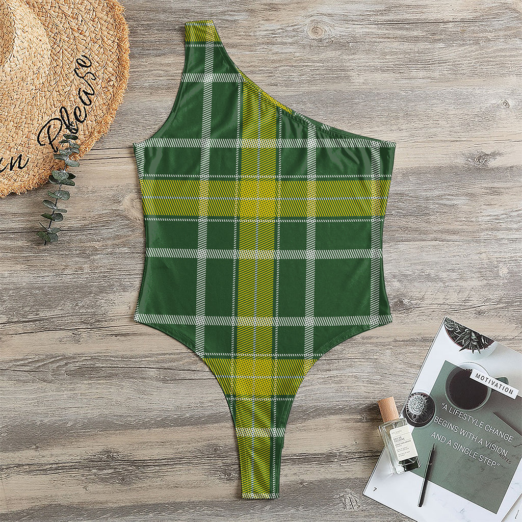 Green And Yellow Stewart Tartan Print One Shoulder Bodysuit