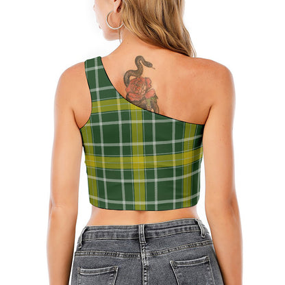 Green And Yellow Stewart Tartan Print One Shoulder Crop Top