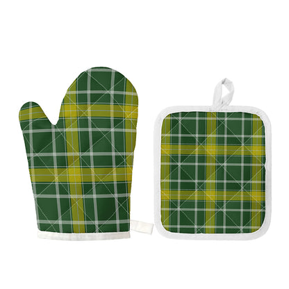 Green And Yellow Stewart Tartan Print Oven Mitt And Pot Holder Set