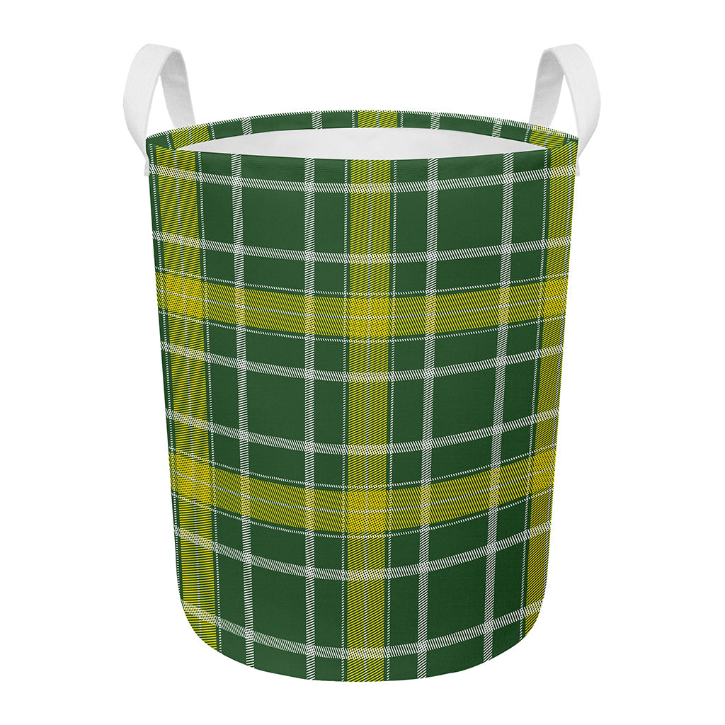 Green And Yellow Stewart Tartan Print Round Laundry Basket