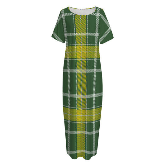 Green And Yellow Stewart Tartan Print Short Sleeve Long Nightdress