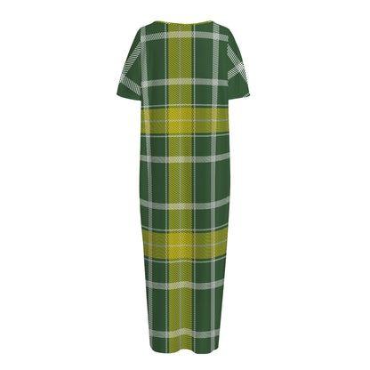 Green And Yellow Stewart Tartan Print Short Sleeve Long Nightdress
