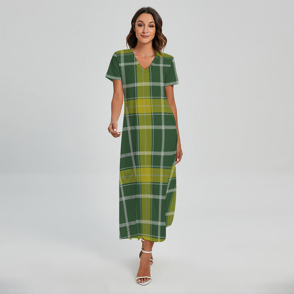 Green And Yellow Stewart Tartan Print Short Sleeve Maxi Dress