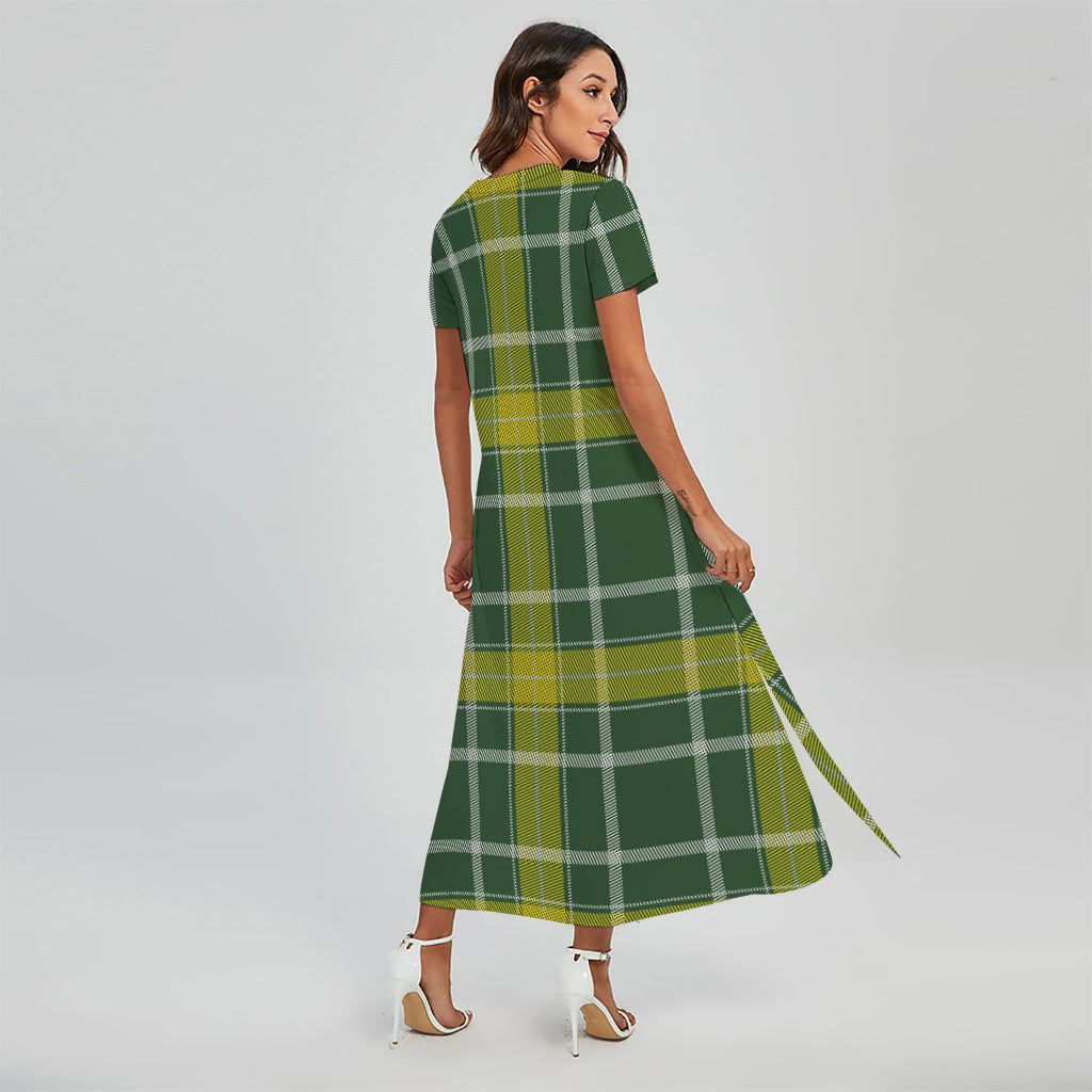 Green And Yellow Stewart Tartan Print Short Sleeve Maxi Dress