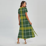 Green And Yellow Stewart Tartan Print Short Sleeve Maxi Dress