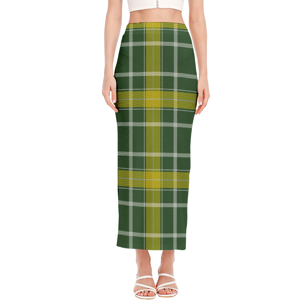 Green And Yellow Stewart Tartan Print Side Slit Maxi Skirt