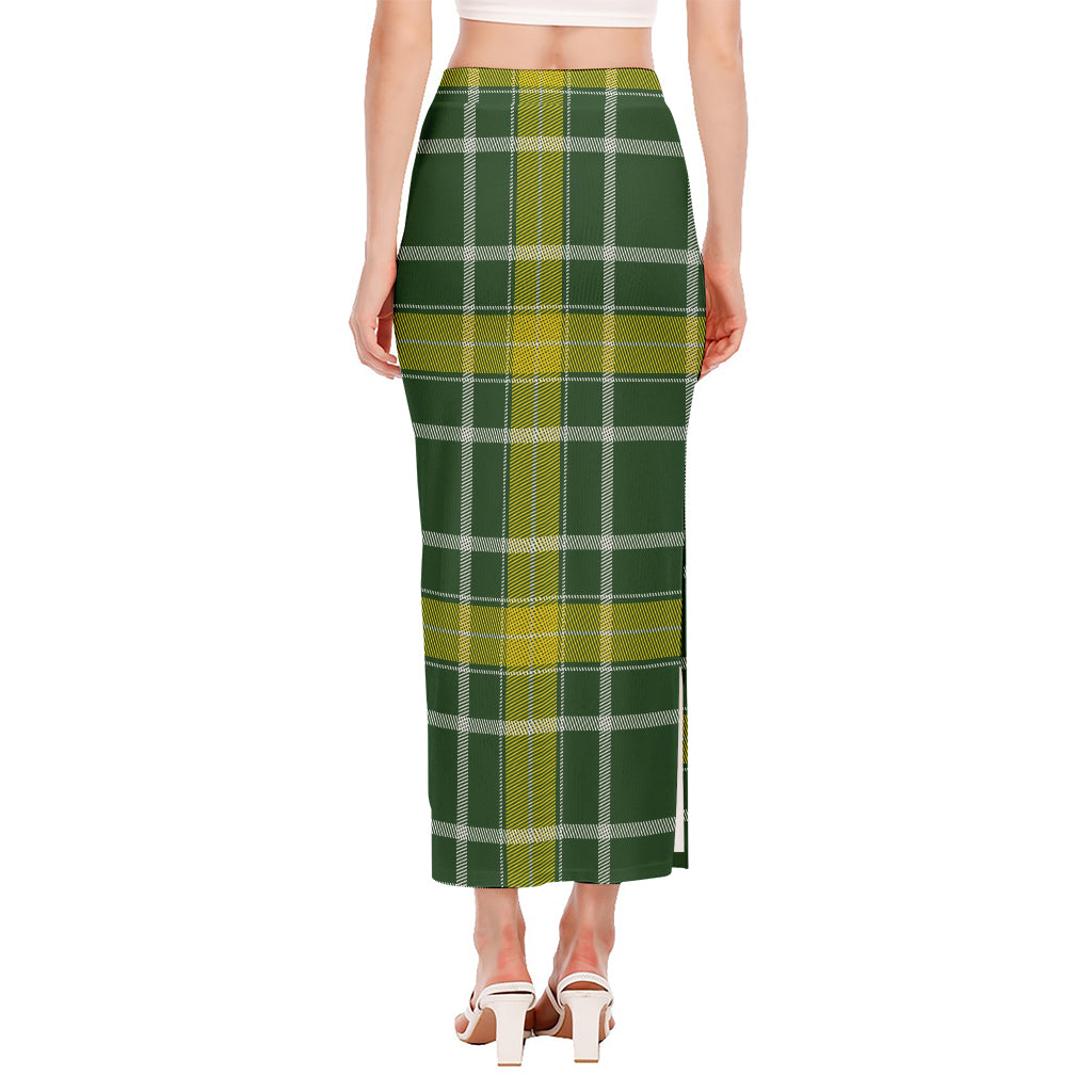 Green And Yellow Stewart Tartan Print Side Slit Maxi Skirt