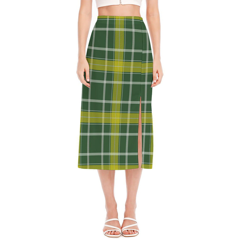 Green And Yellow Stewart Tartan Print Side Slit Midi Skirt