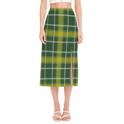 Green And Yellow Stewart Tartan Print Side Slit Midi Skirt